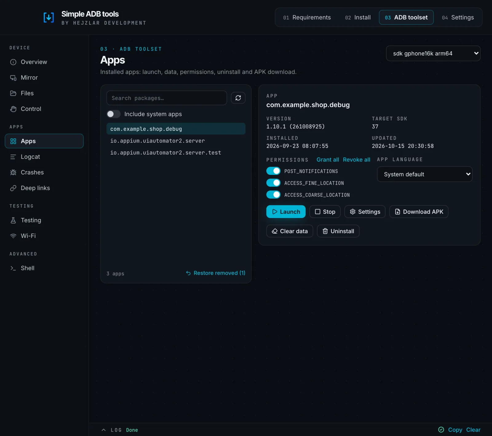Permissions and language of a single app