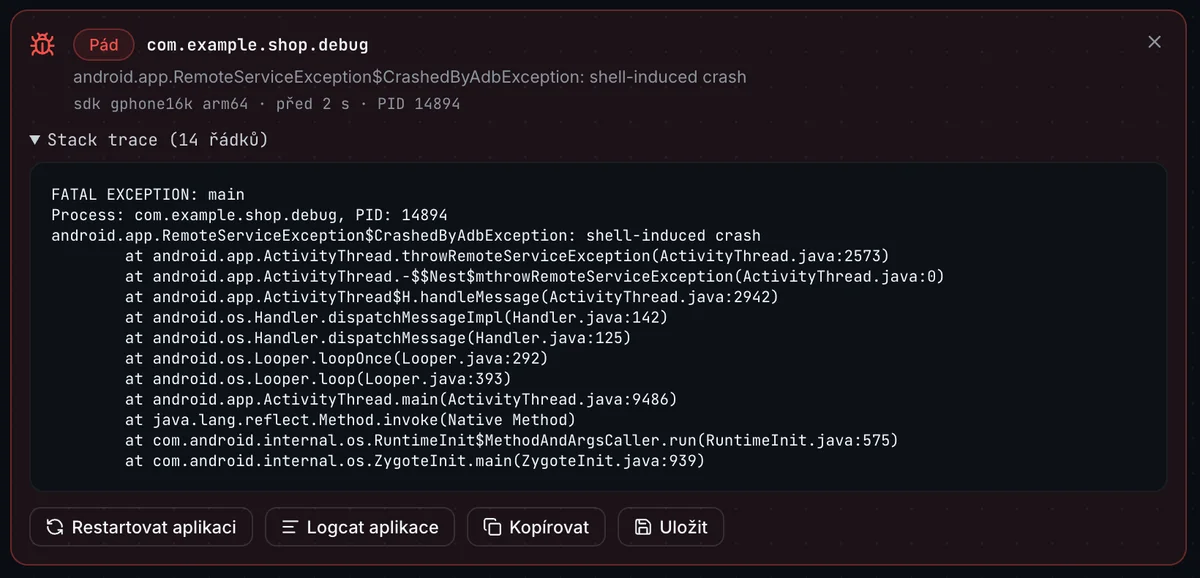 Zachycený pád aplikace se stack trace