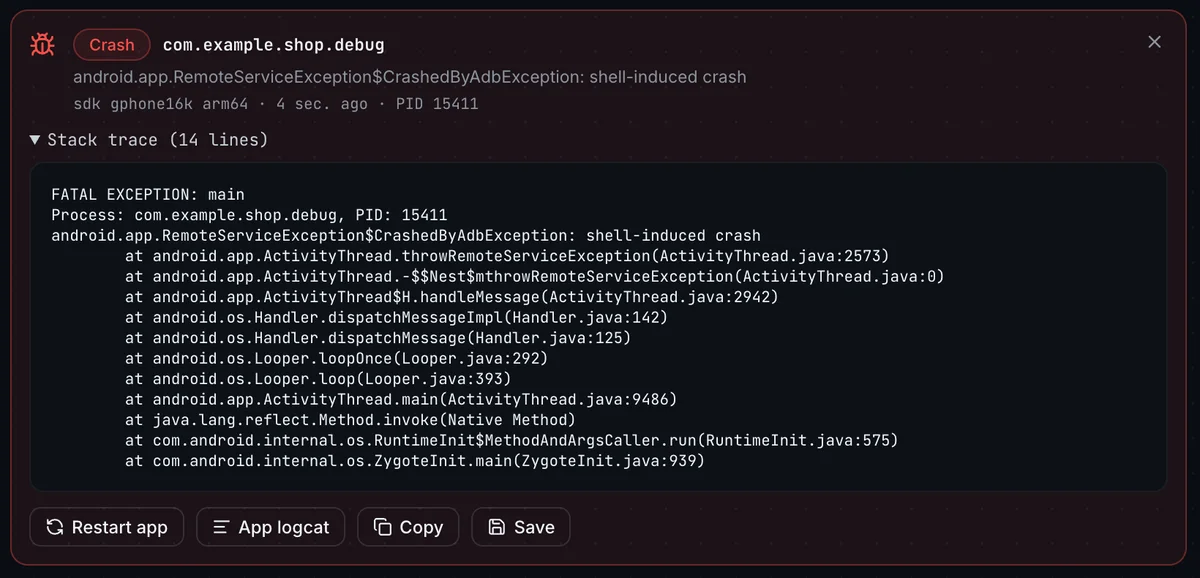 A caught app crash with its stack trace