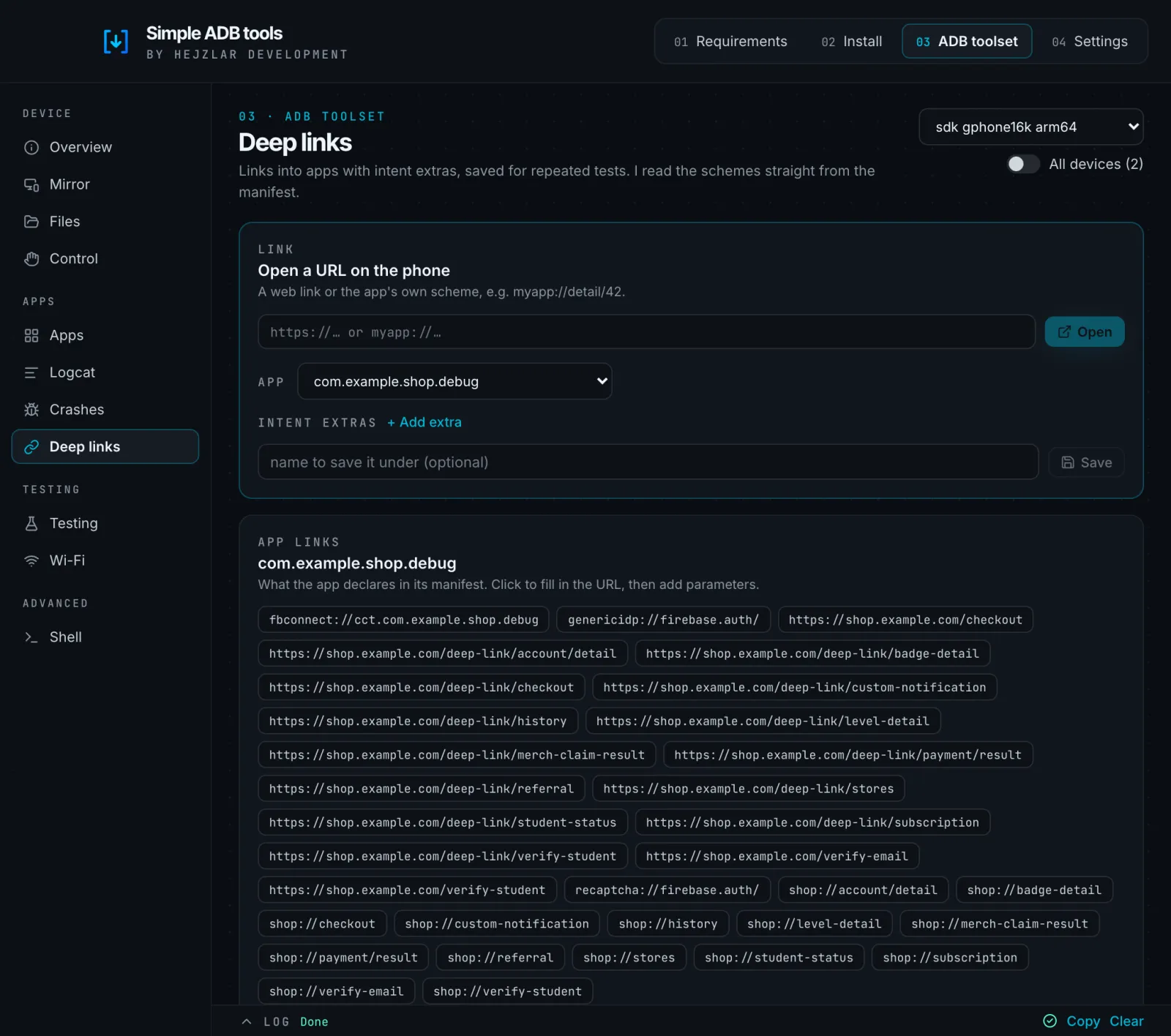 The app's links read from its manifest