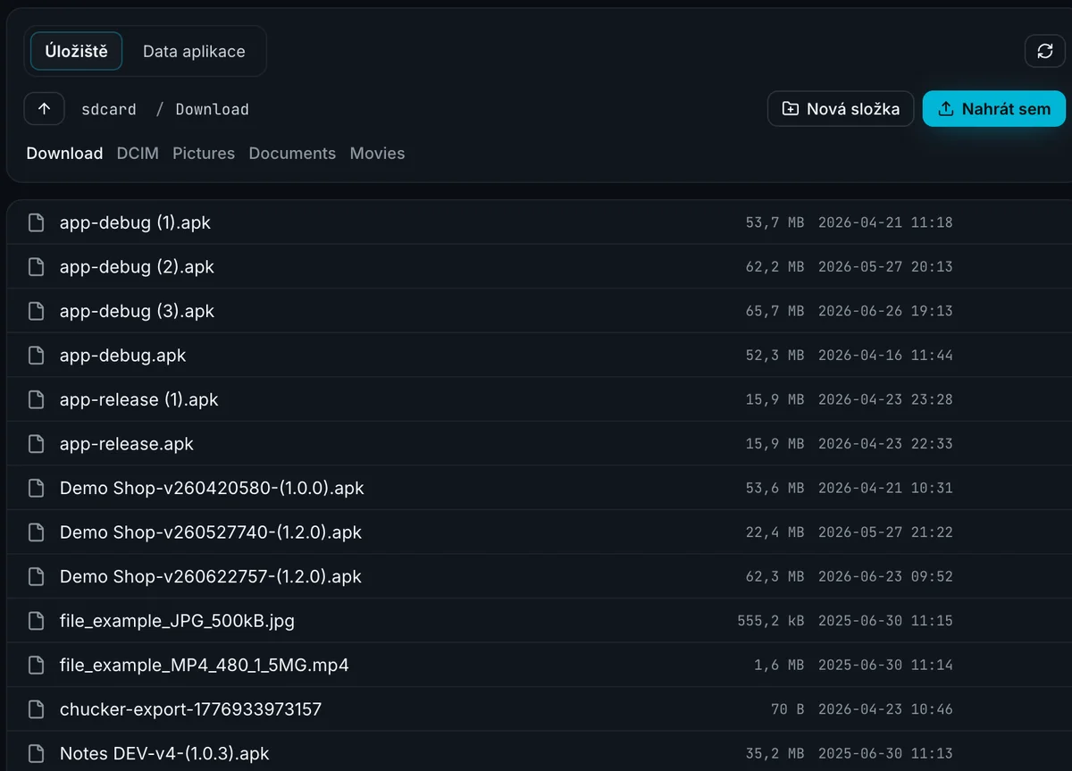Správce souborů se složkou Download v telefonu