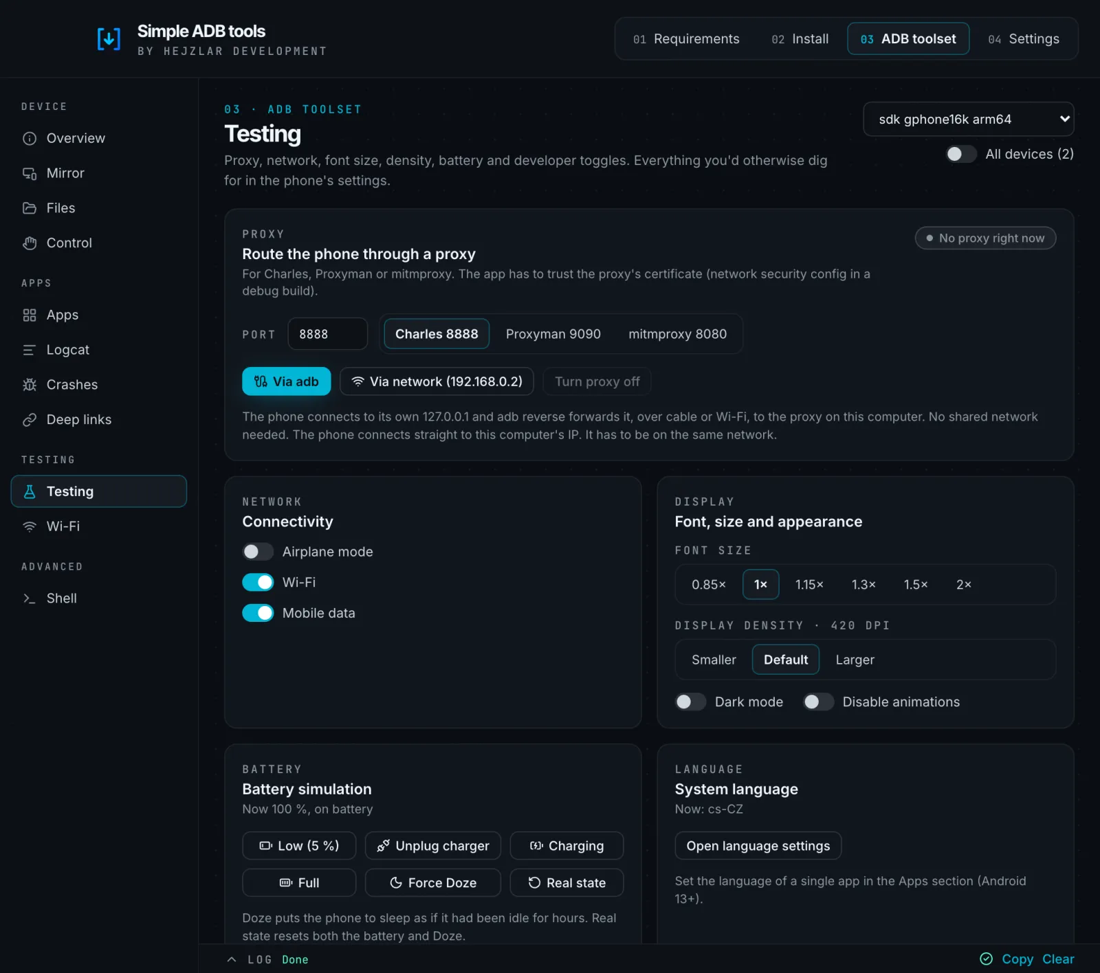 Proxy, network, font size and battery in one place